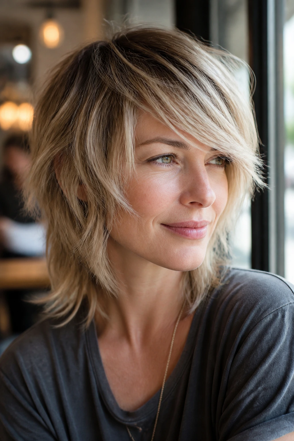 Close-up portrait of a woman with side-swept fringe shag and blended layers.