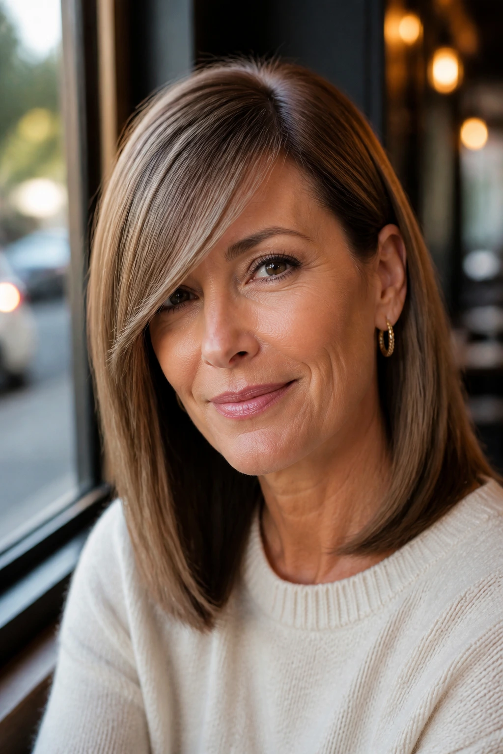 Close-up portrait of a real woman with a side-swept fringe and sleek length