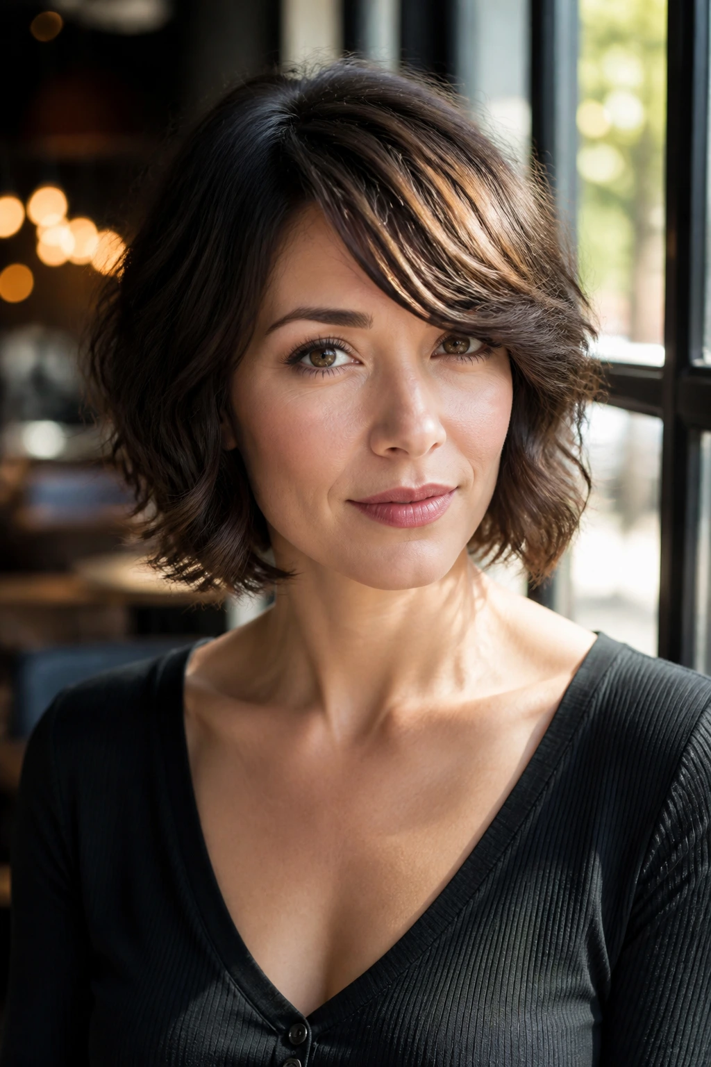 Portrait of woman with side-swept fringe and soft curls in cafe light