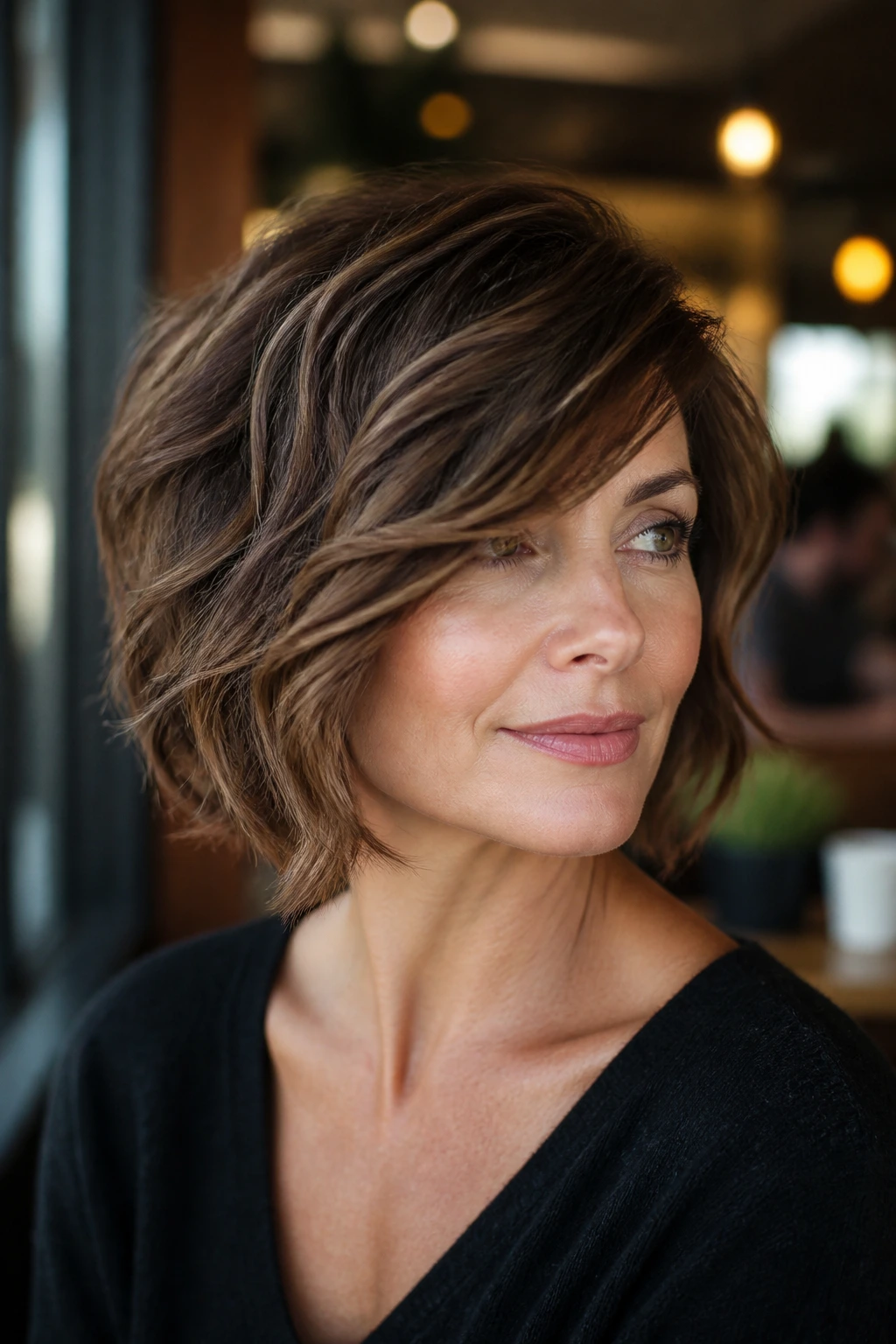 Close-up of a real woman with a side-swept fringe blending into a stacked back.