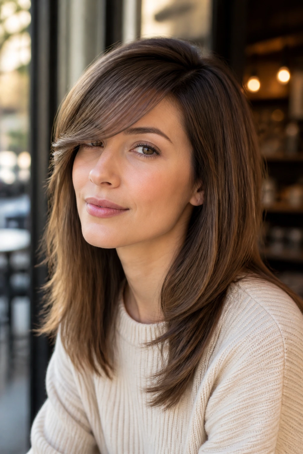 Woman with side-swept fringe and tapered sides.