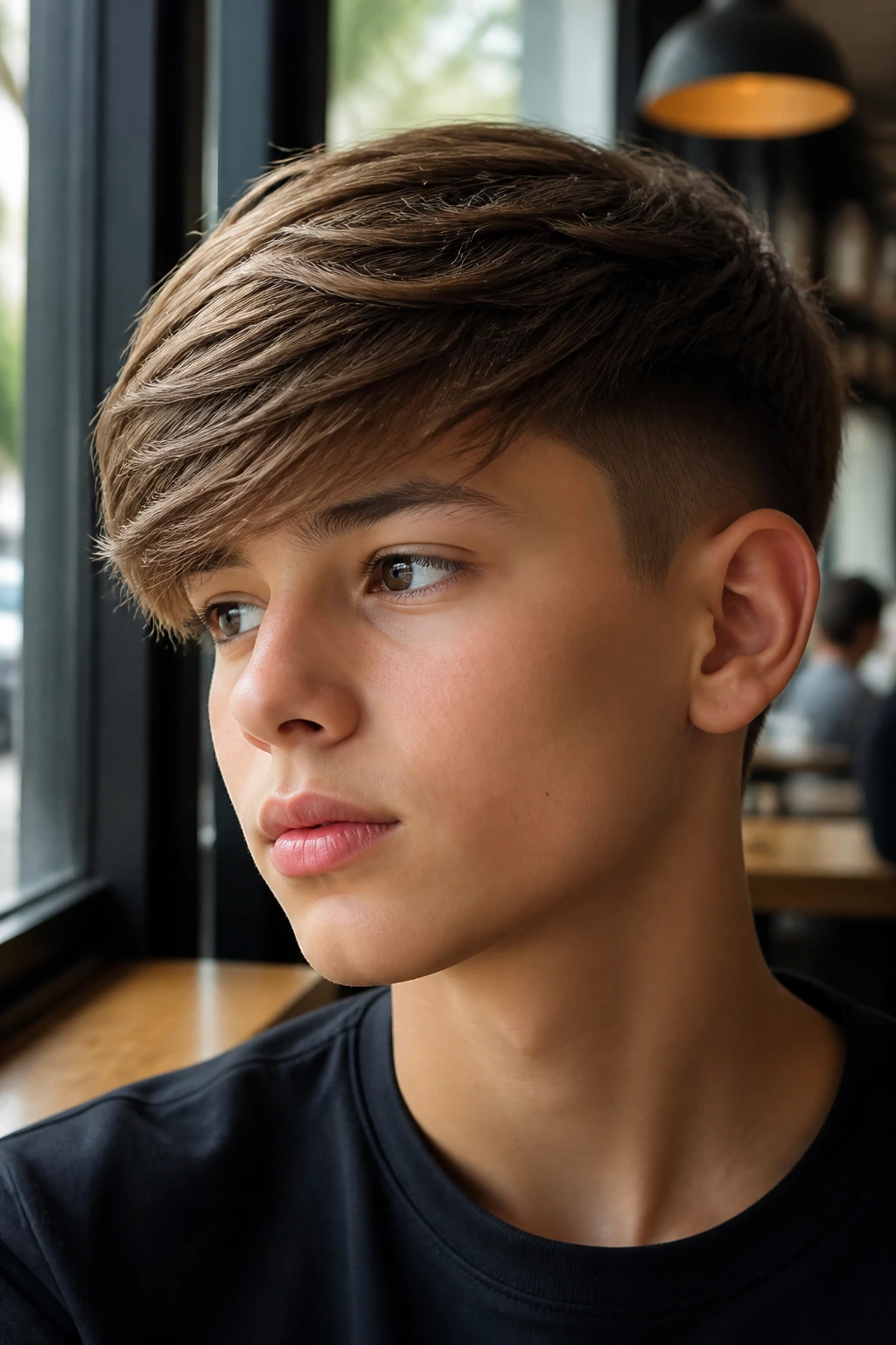Portrait of a boy with a side-swept fringe and tapered sides indoors