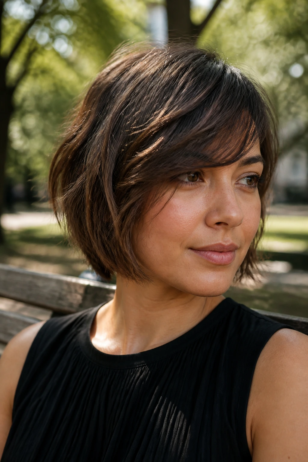 Close-up of a woman with side-swept wispy fringe on a textured bob in a park