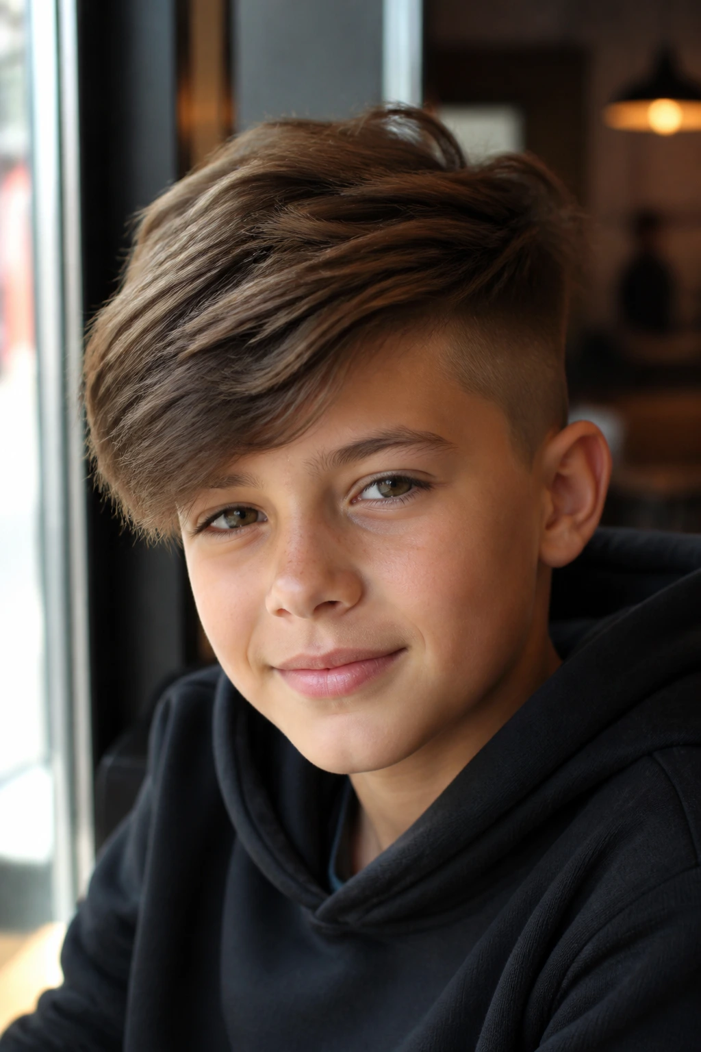 Close-up of a boy with a side-swept fringe undercut