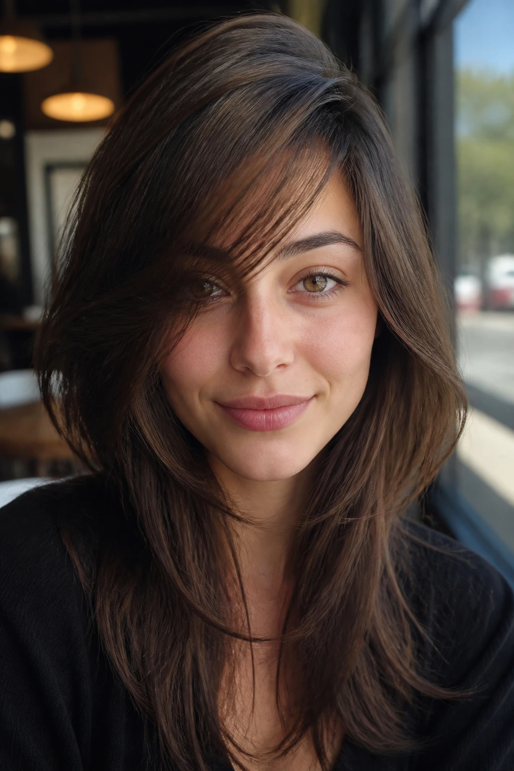 Deep side part with front slices sweeping across forehead on real woman