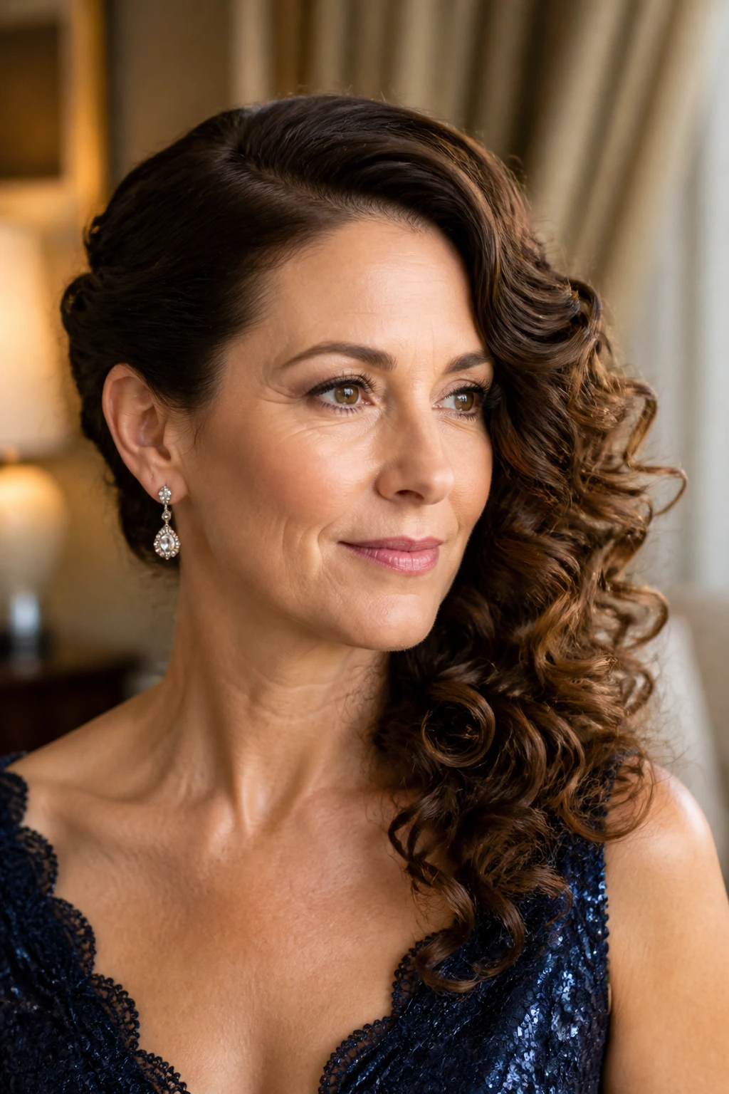 Close-up of a real woman with deep side part and side-swept curls