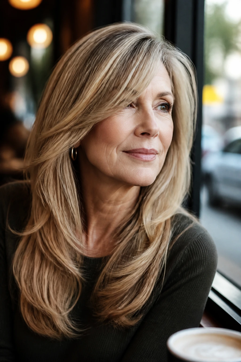 Real woman with glossy side-swept front layers framing her face