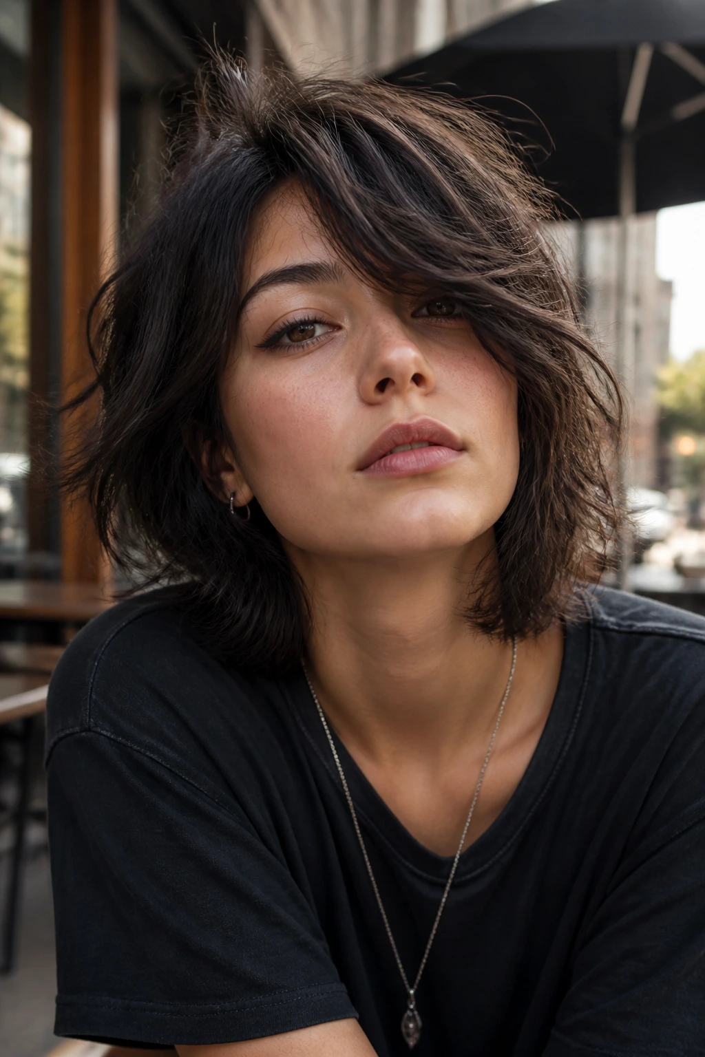 Real person with deep side part and side-swept fringe in urban cafe light