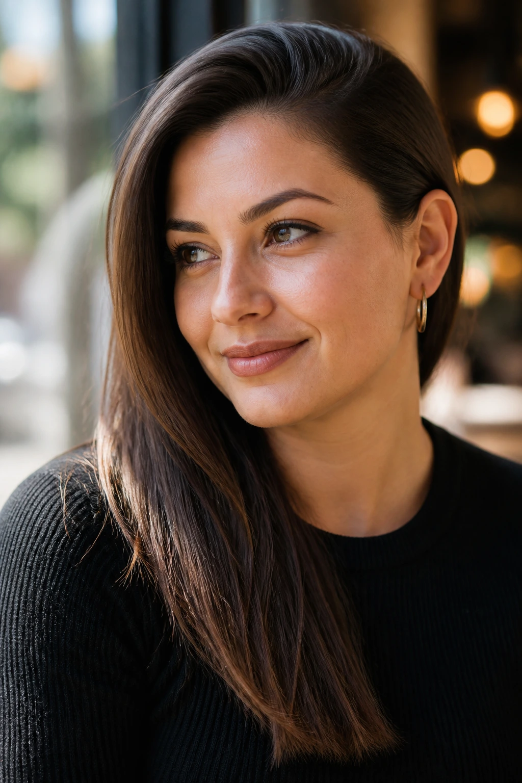 Portrait of a woman with a side-swept length tucked behind one ear in a cafe setting