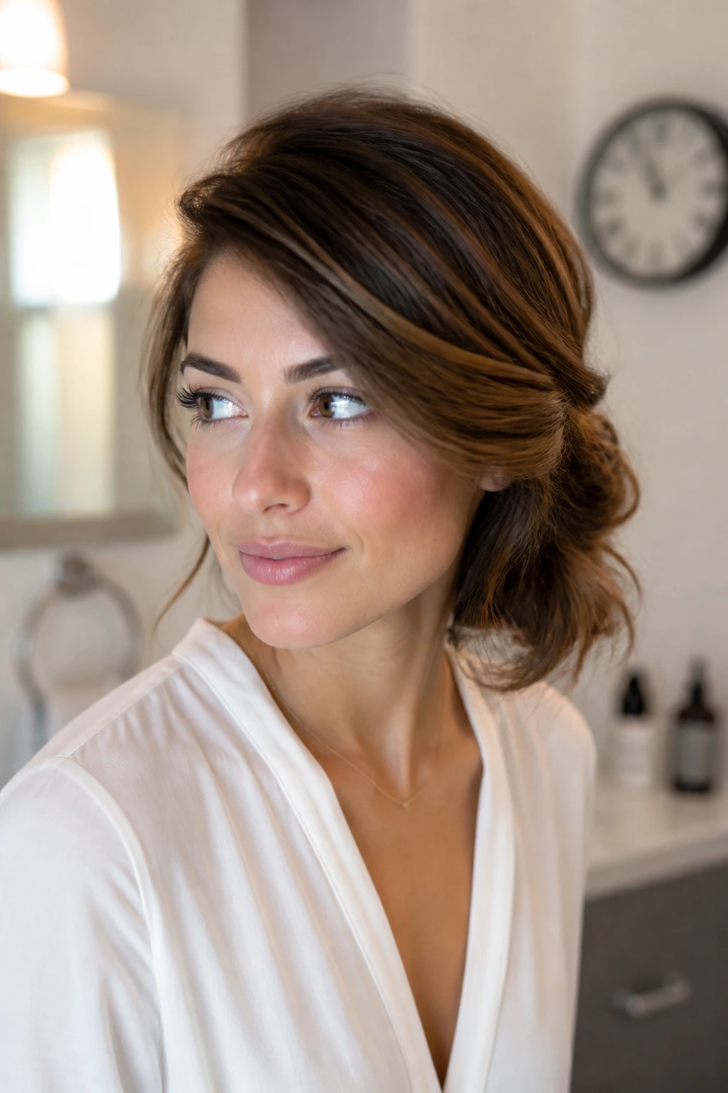 Close-up of a woman with side-swept hair in bathroom with clock blurred in background