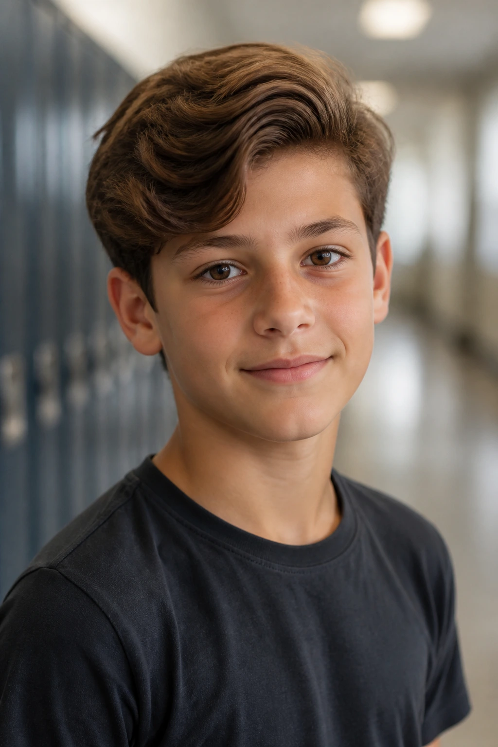 Portrait of a real boy showing the side-swept haircut for school and sports