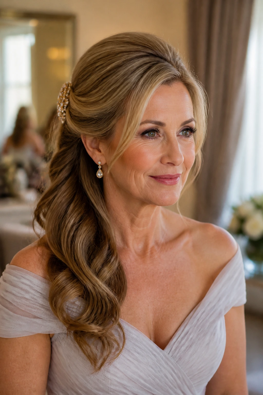 Portrait of a real woman with a deep side-parted side-swept half-up hairstyle