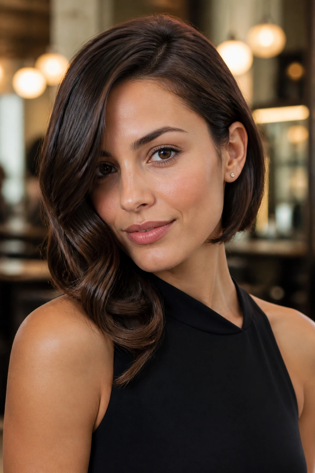 Close-up portrait of a real woman with a side-swept bob and Old Hollywood curve over one shoulder