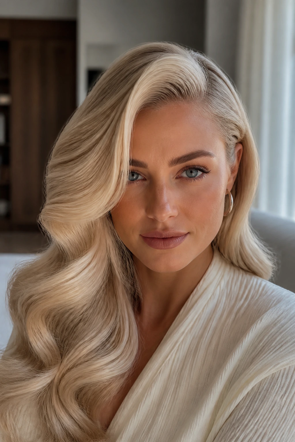 Close-up of real woman with side-swept Hollywood waves in pearl blonde