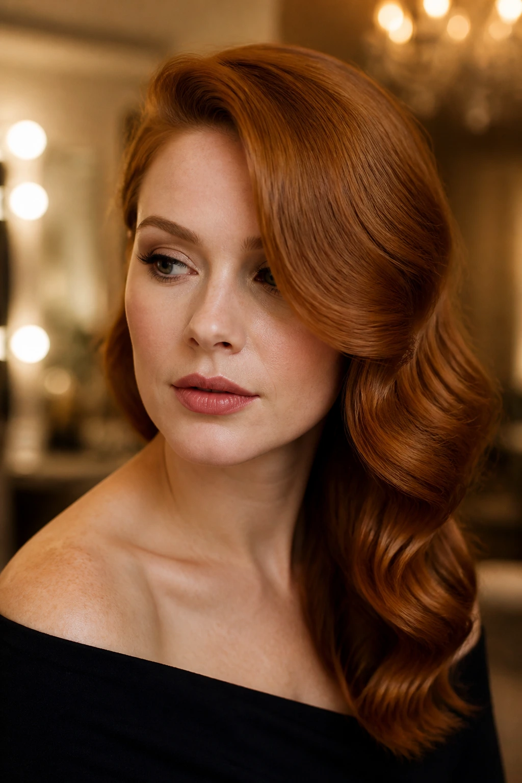 Close-up of a real woman with side-swept old Hollywood waves in red hair