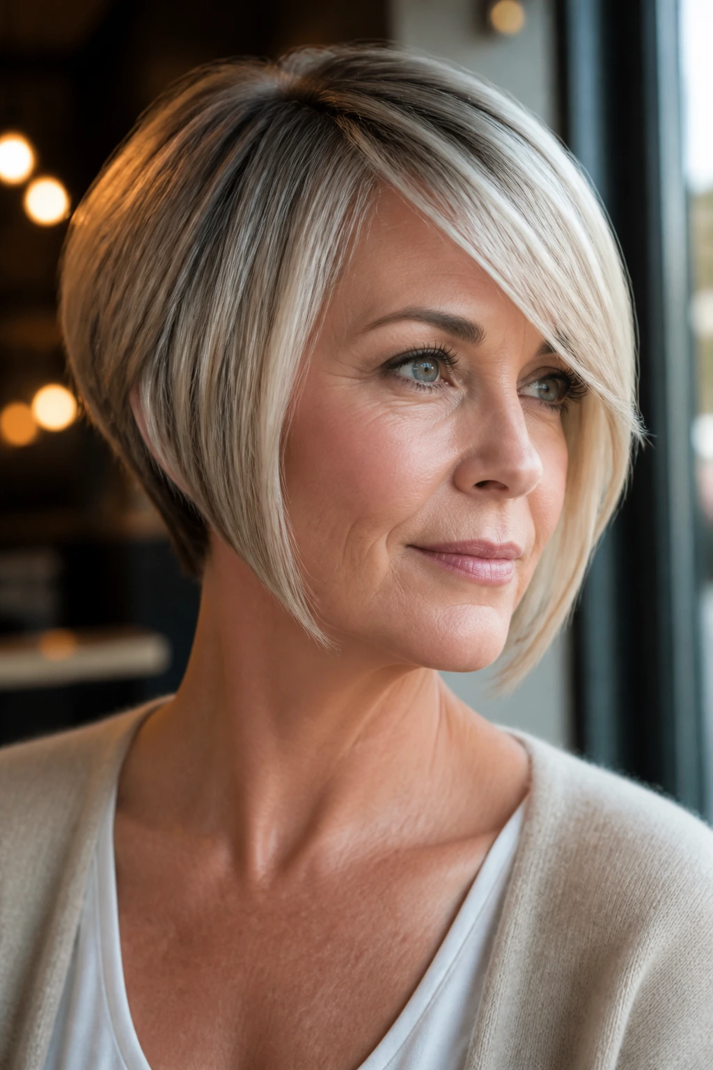 Real woman with side-swept inverted bob and long fringe