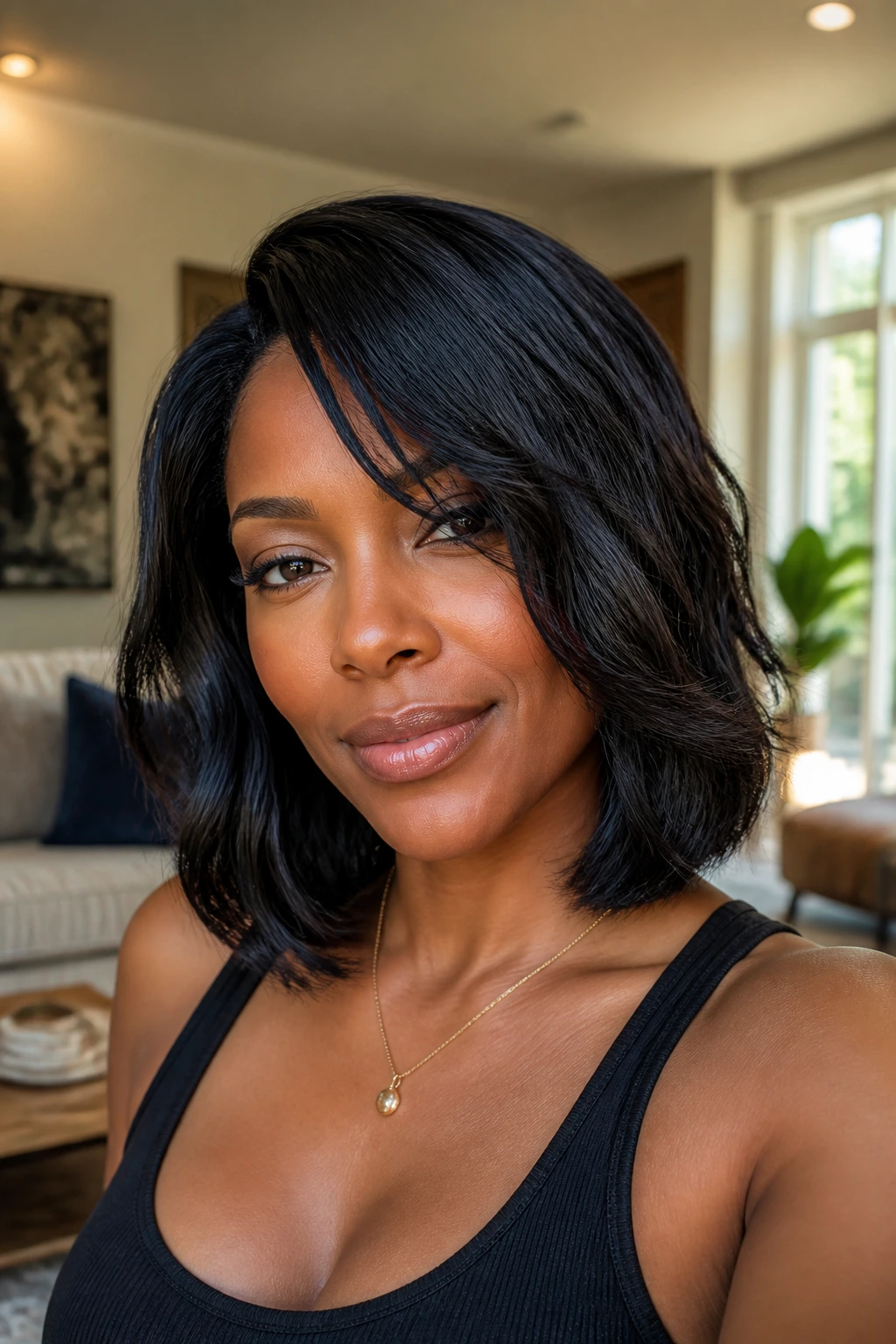 Close-up of a Black woman with a side-swept layered bob and soft waves.