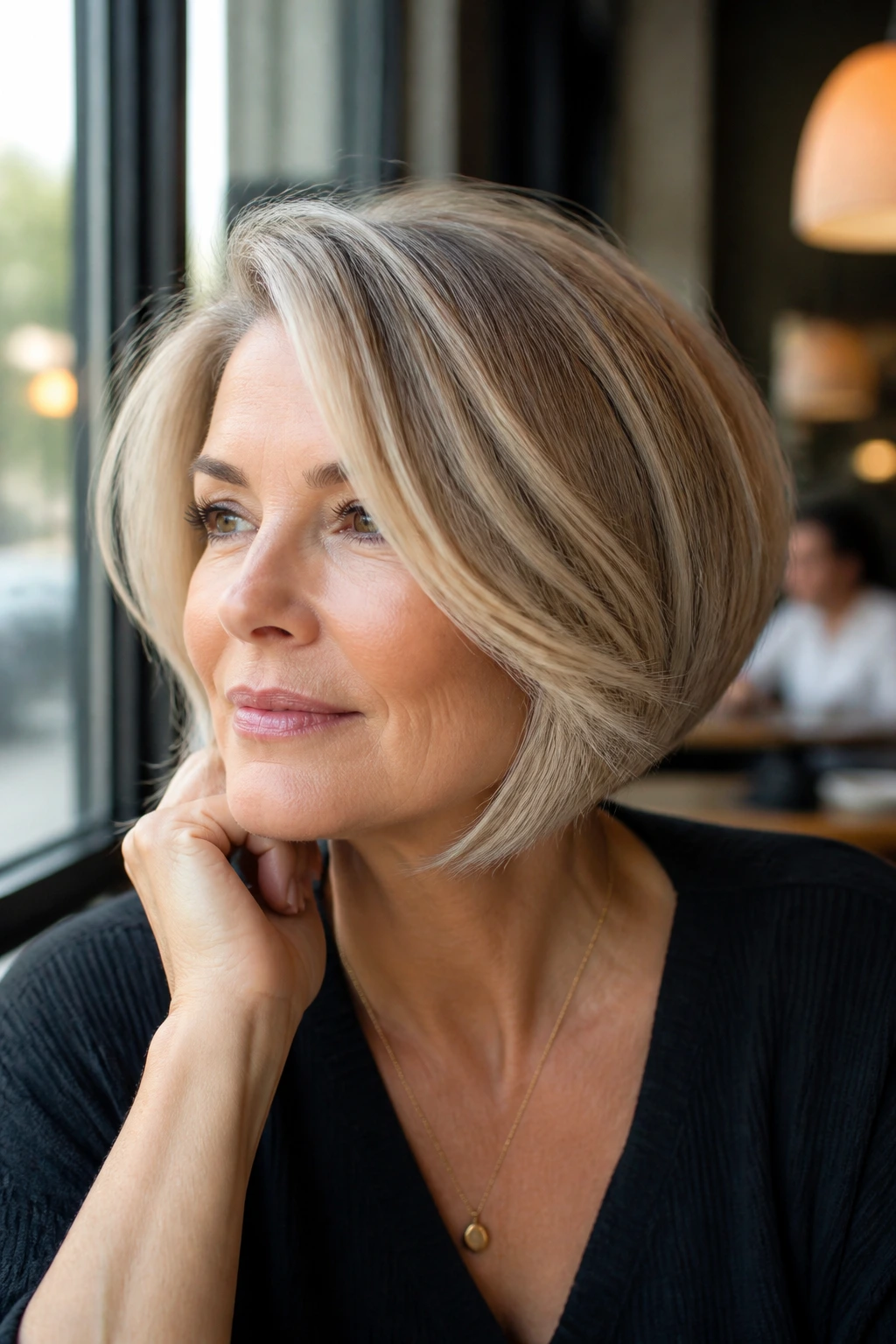 Real woman with side-swept layered bob close-up