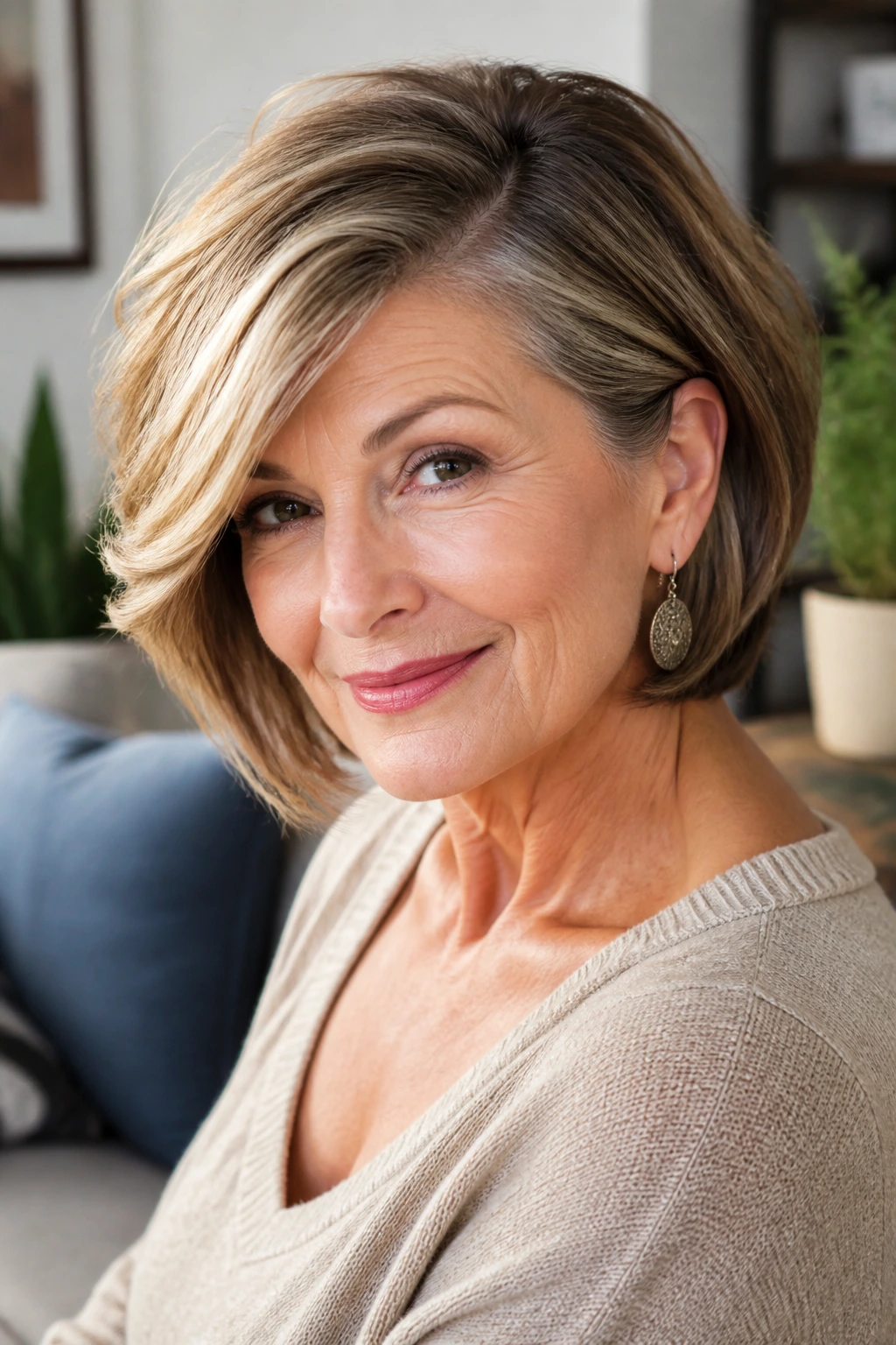 Real woman with side-swept layered bob showing movement and deeper underlayers