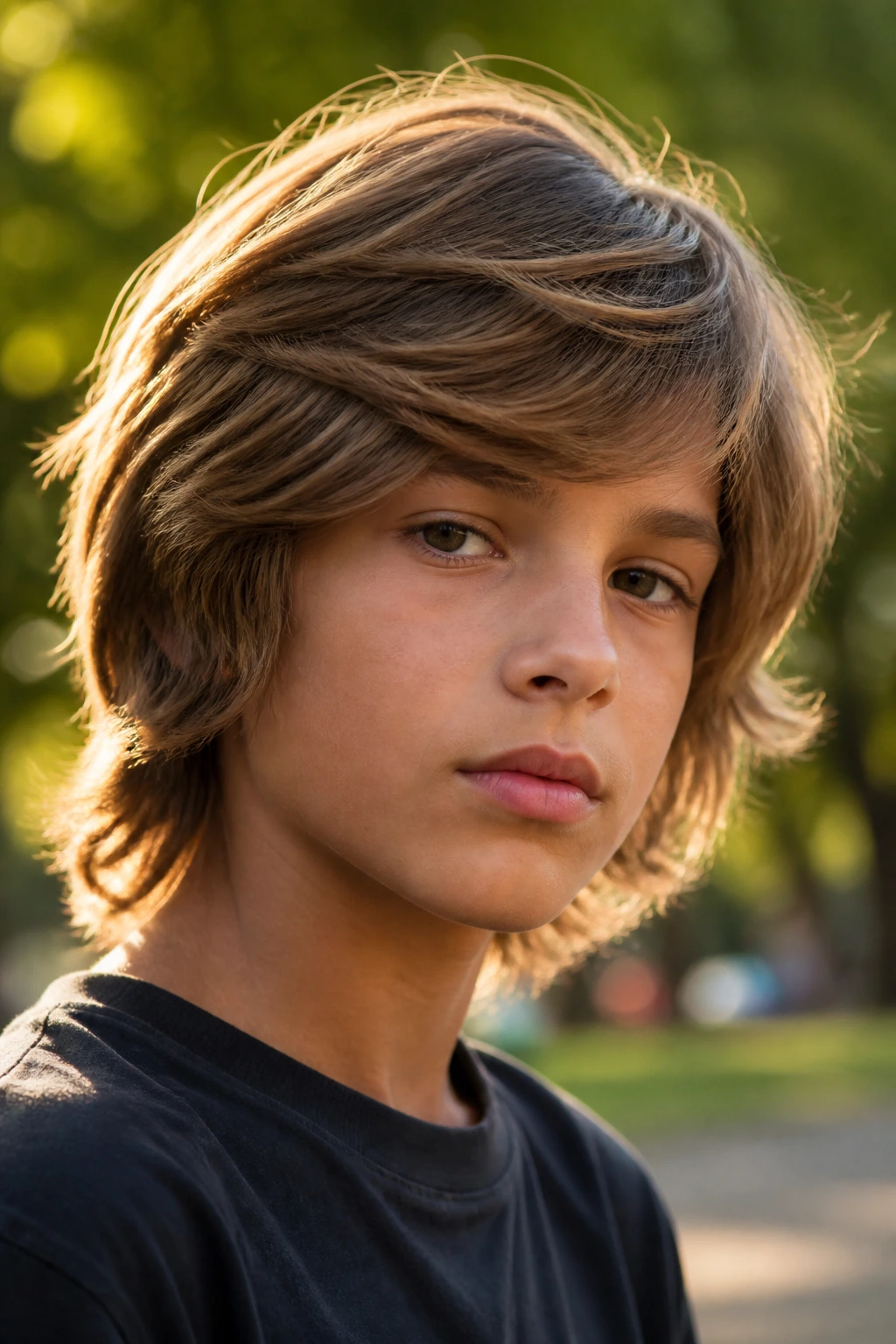 Close-up of a real boy with side-swept long layers following natural waves.
