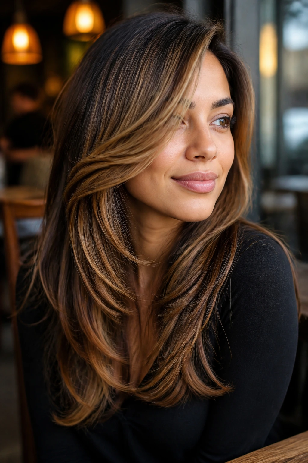 Real woman with side-swept layers and caramel sweep framing face