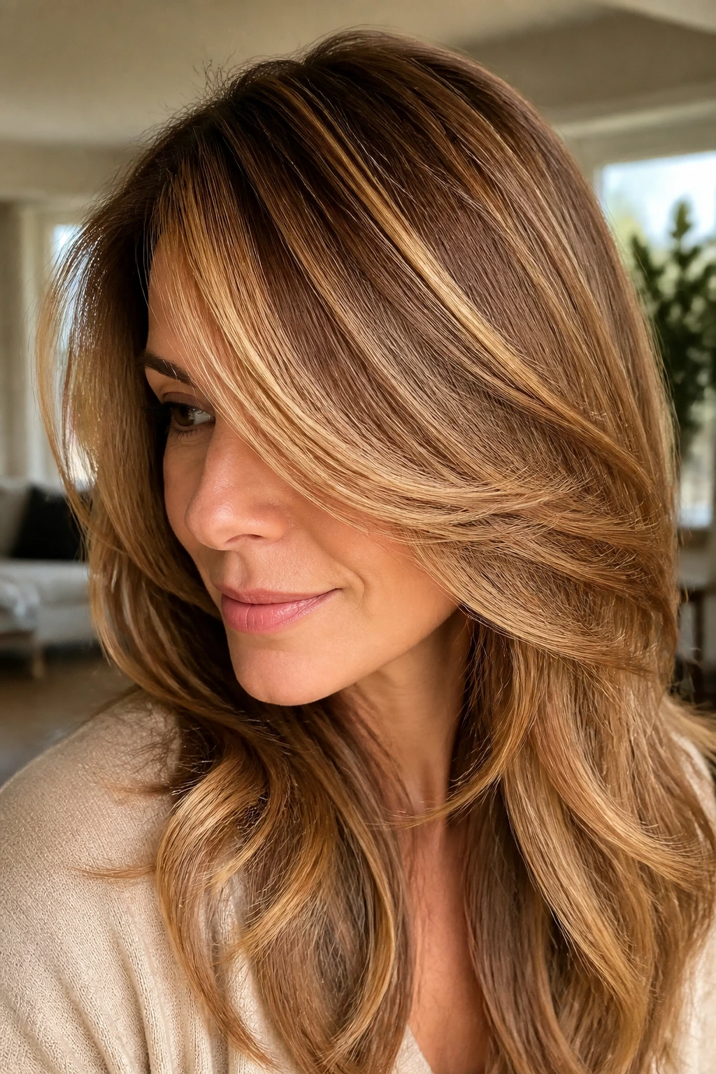 Portrait of a real woman with side-swept layered hair and caramel highlights.
