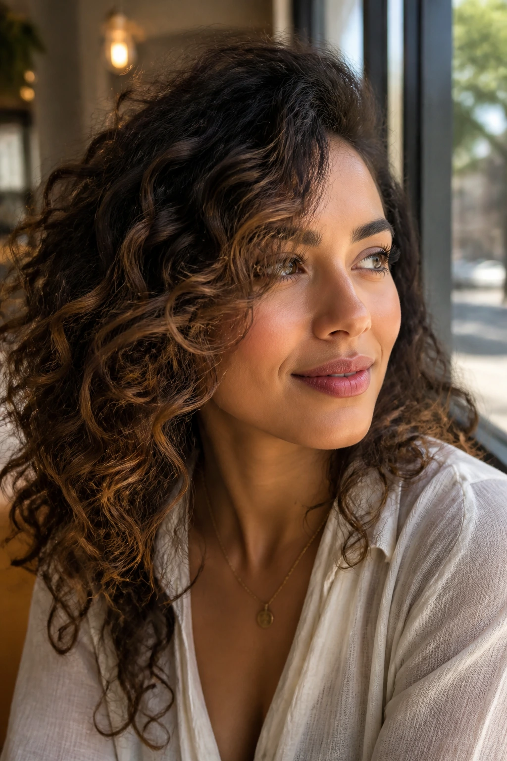 Close-up of a real woman with a deep side part and front layers sweeping across one side of the face