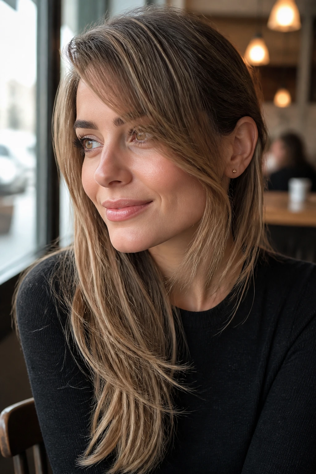 Real woman with side-swept layers and ear tuck in a cozy cafe setting