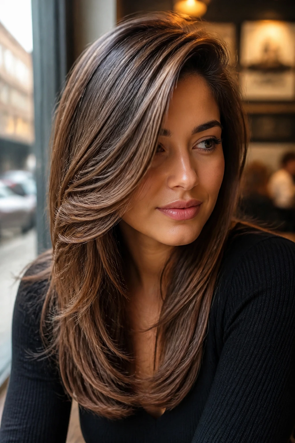 Real woman with deep side part and side-swept glam layers in a close-up portrait.