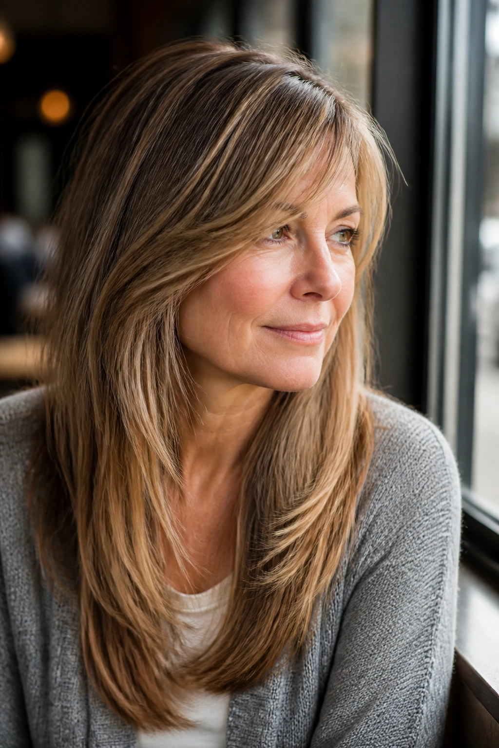 Woman with side-swept layers blending into the fringe.