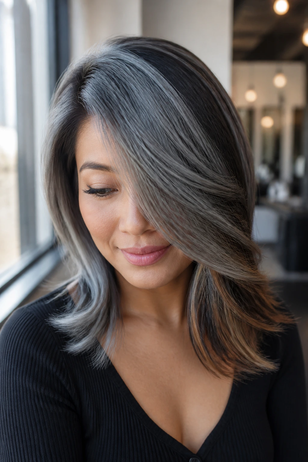Real woman in side-swept layers with metallic grey overlay and caramel accents.