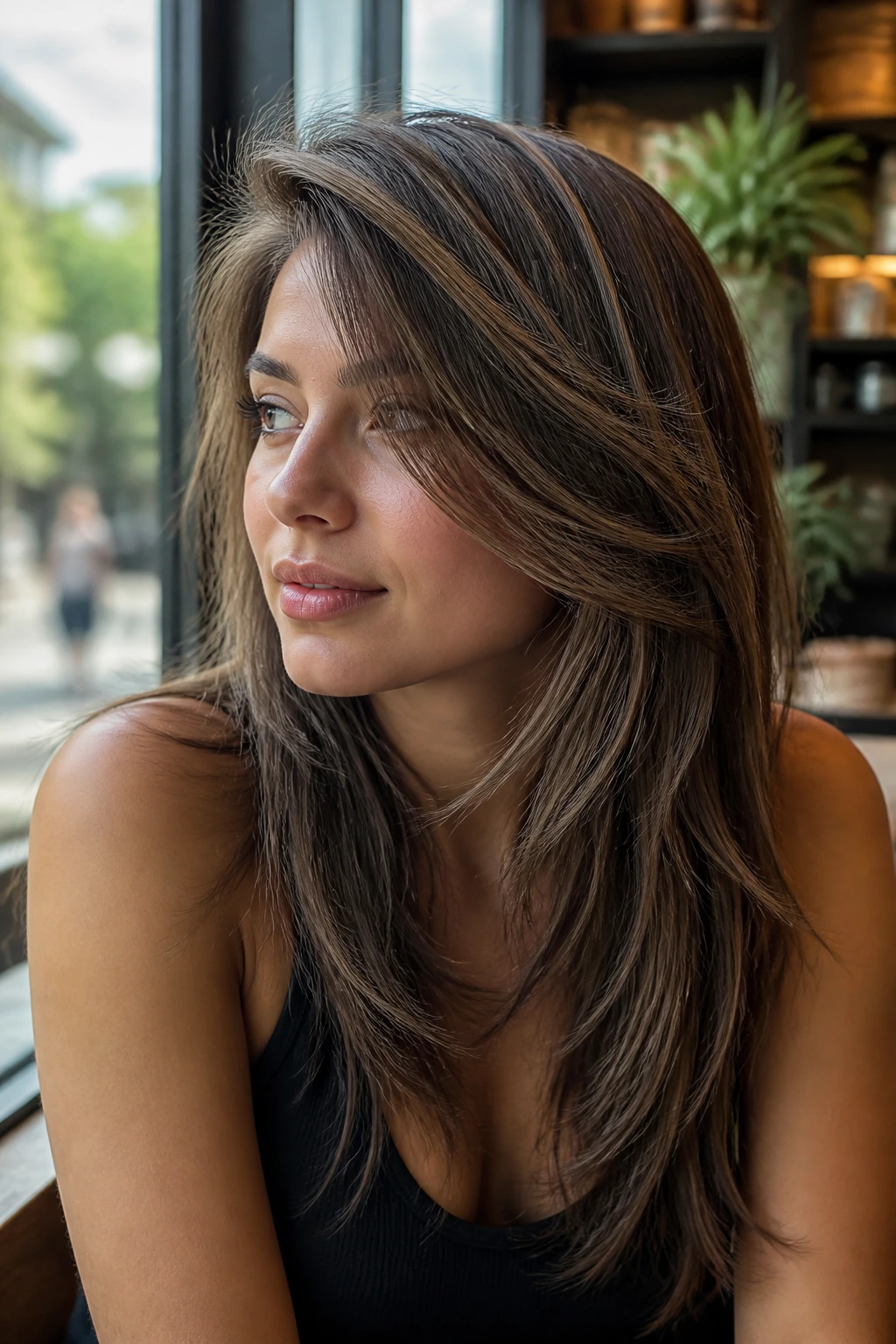 Portrait of a woman with deep side part and side-swept layers framing the face