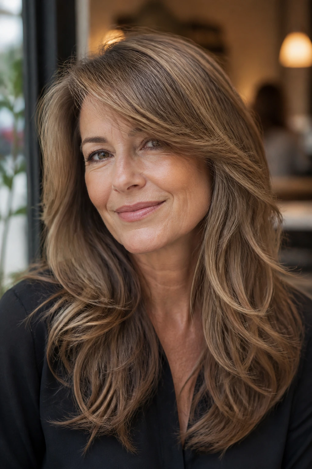 Portrait of a real woman with side-swept volume layers across the forehead