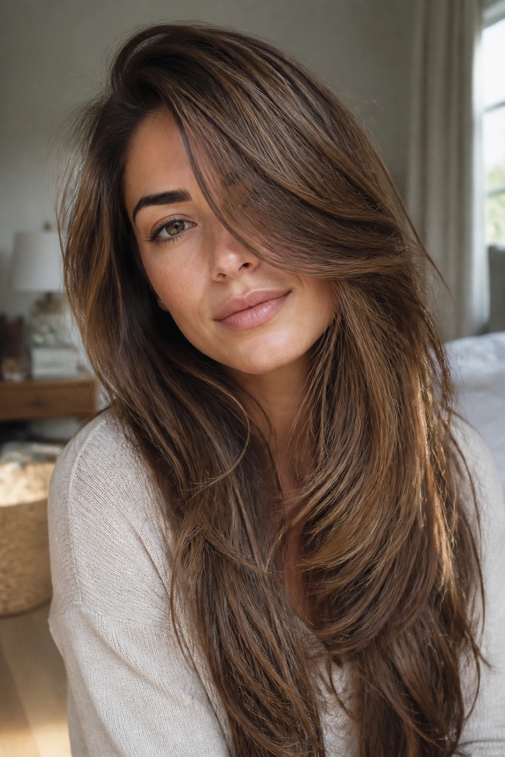 Close-up portrait of a woman with long hair featuring a diagonal side-swept layer in warm window light