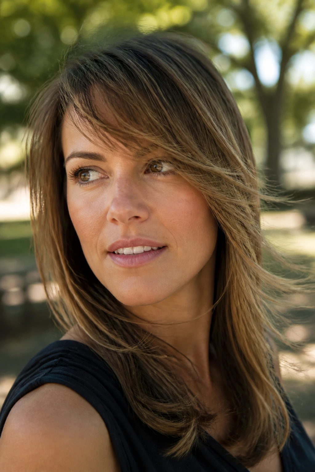 Close-up of a real woman with side-swept layered bangs showing movement