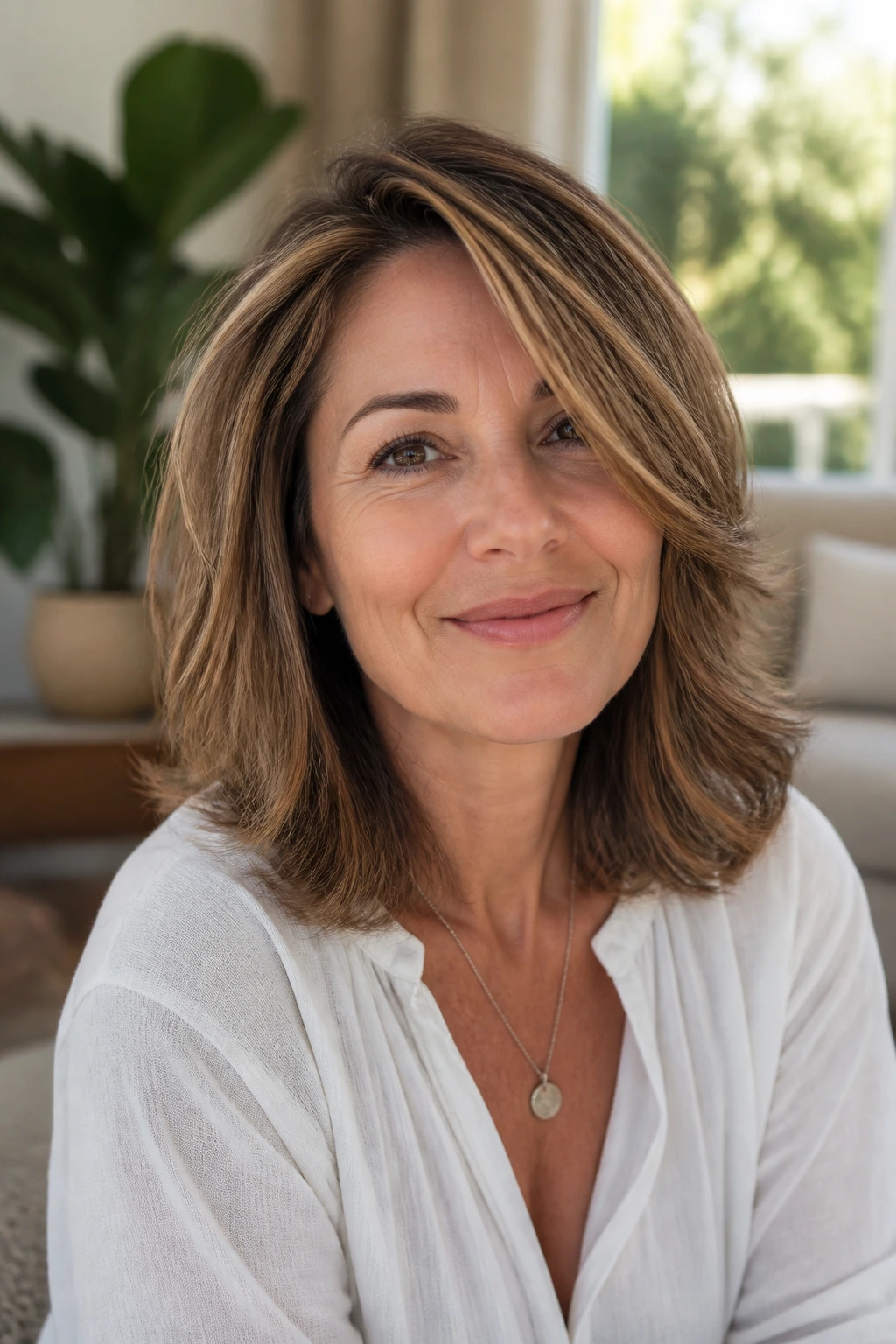 Medium close-up of a real woman with side-swept layered hair showing lift in a bright home setting.