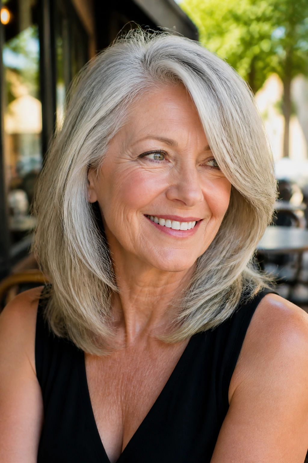 Older woman with side-swept layered shoulder cut