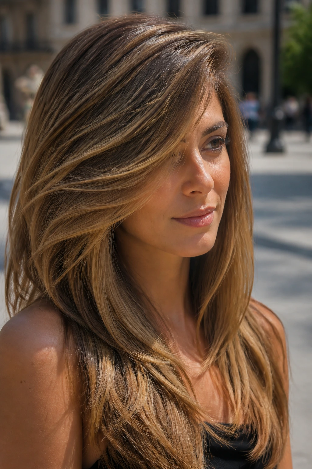 Portrait of a woman with side-swept layers creating a long slope