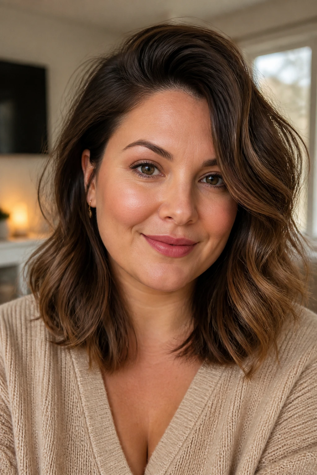 Close-up of a real woman with a side-swept volume lob and deep part