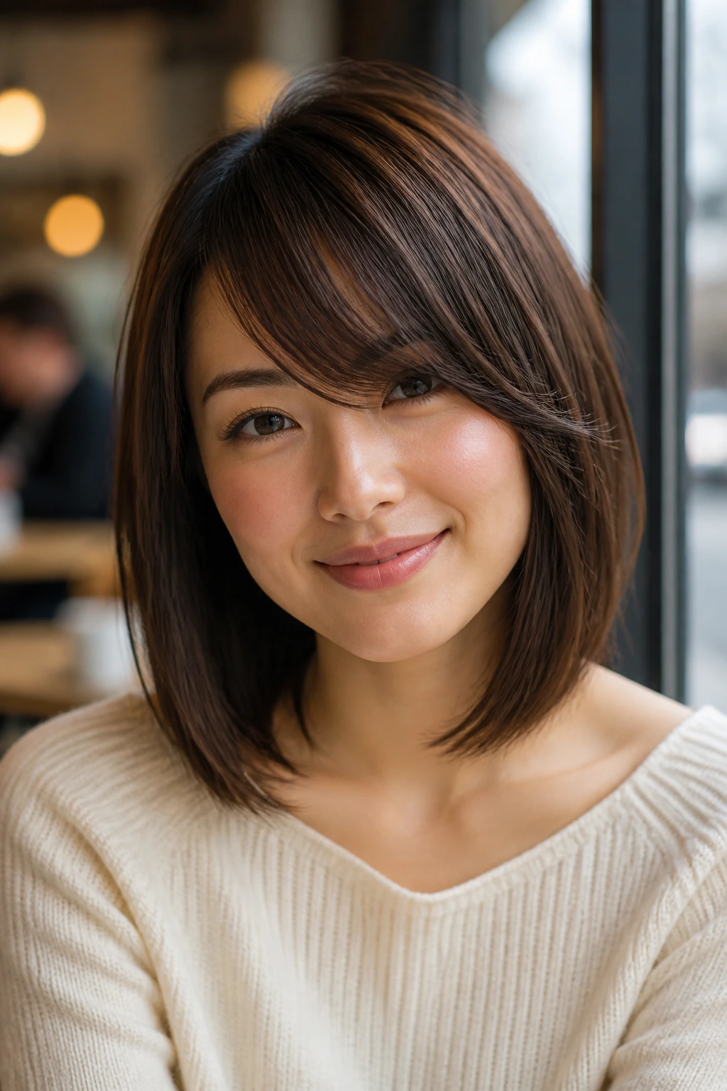 Close-up portrait of a real woman with a Side-Swept Bang Lob, diagonal fringe and collarbone-length lob