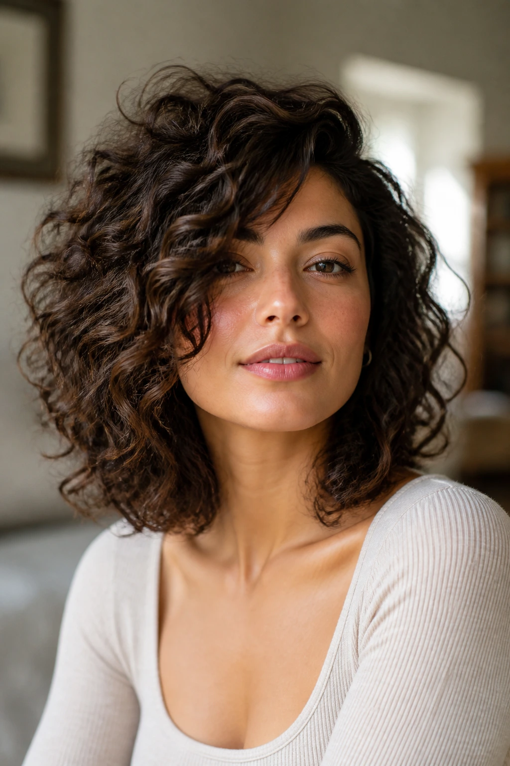Close-up of real woman with side-swept lob on curly hair under warm window light
