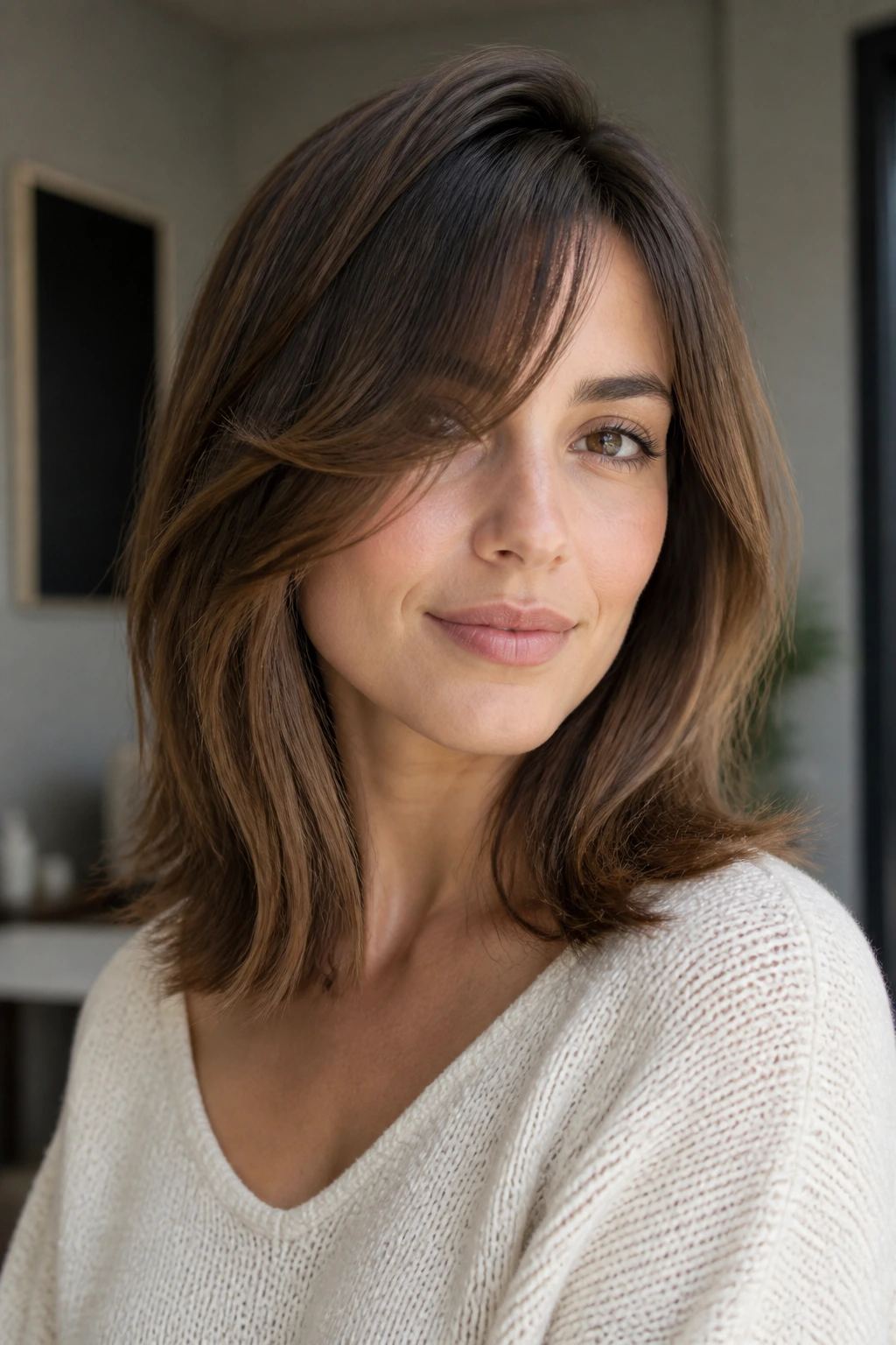 Close-up of a person with a side-swept lob and curtain-bang blend