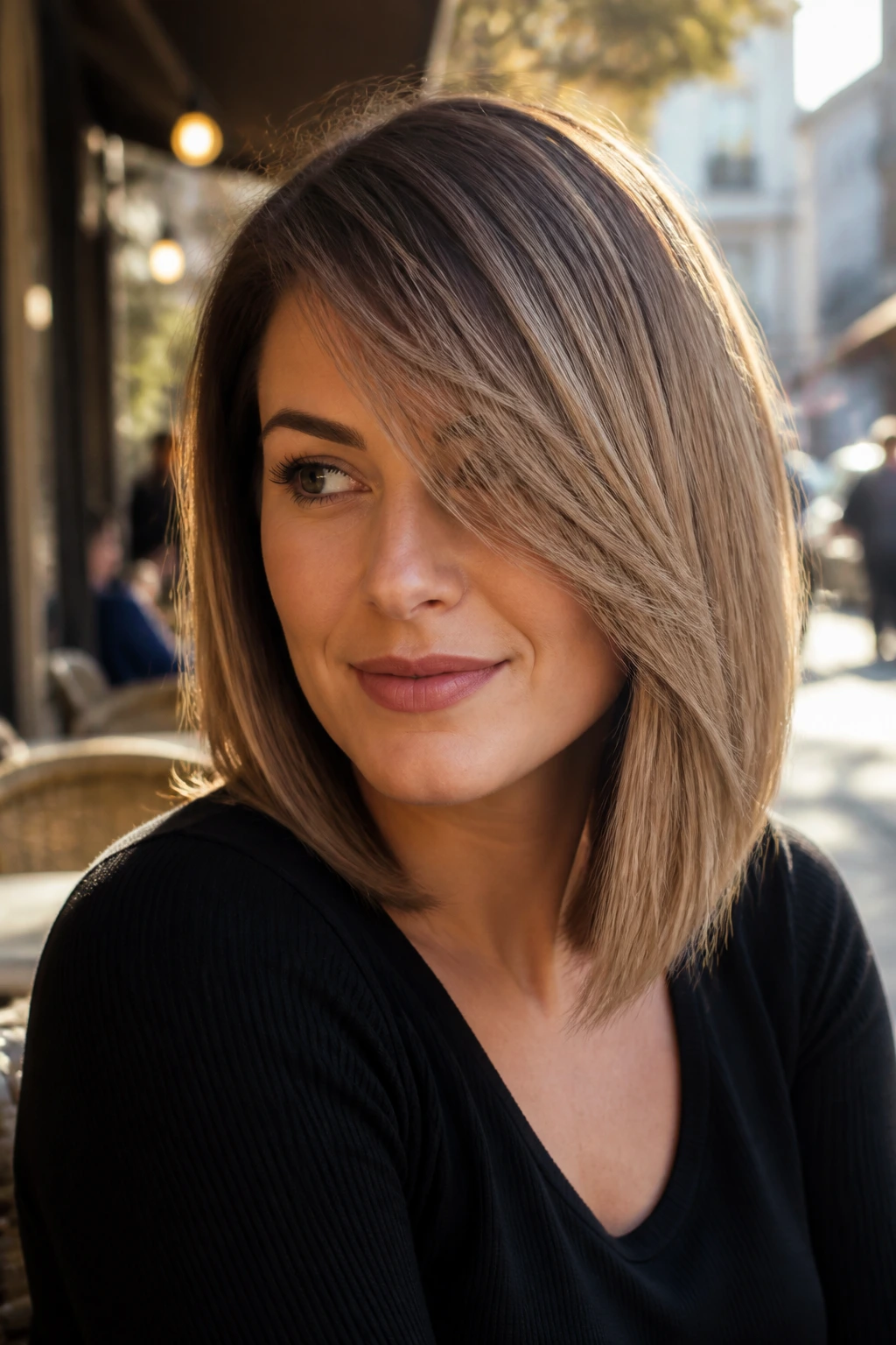 Close-up portrait of a real woman with side-swept diagonal fringe on a square face.