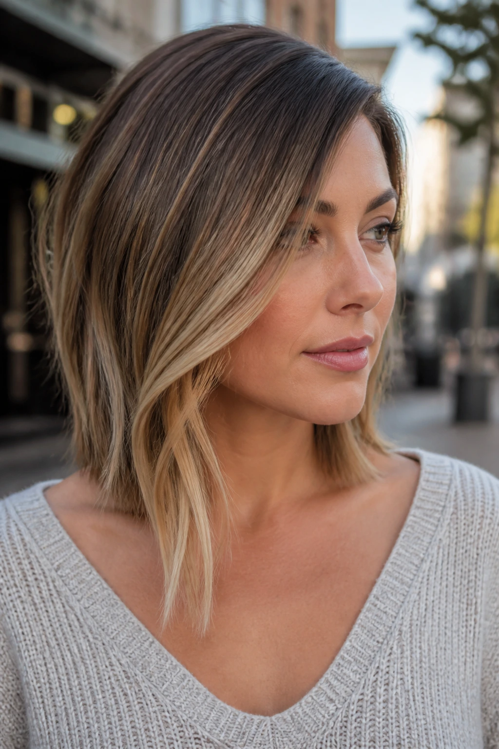 Woman with a side-swept lob and long front piece