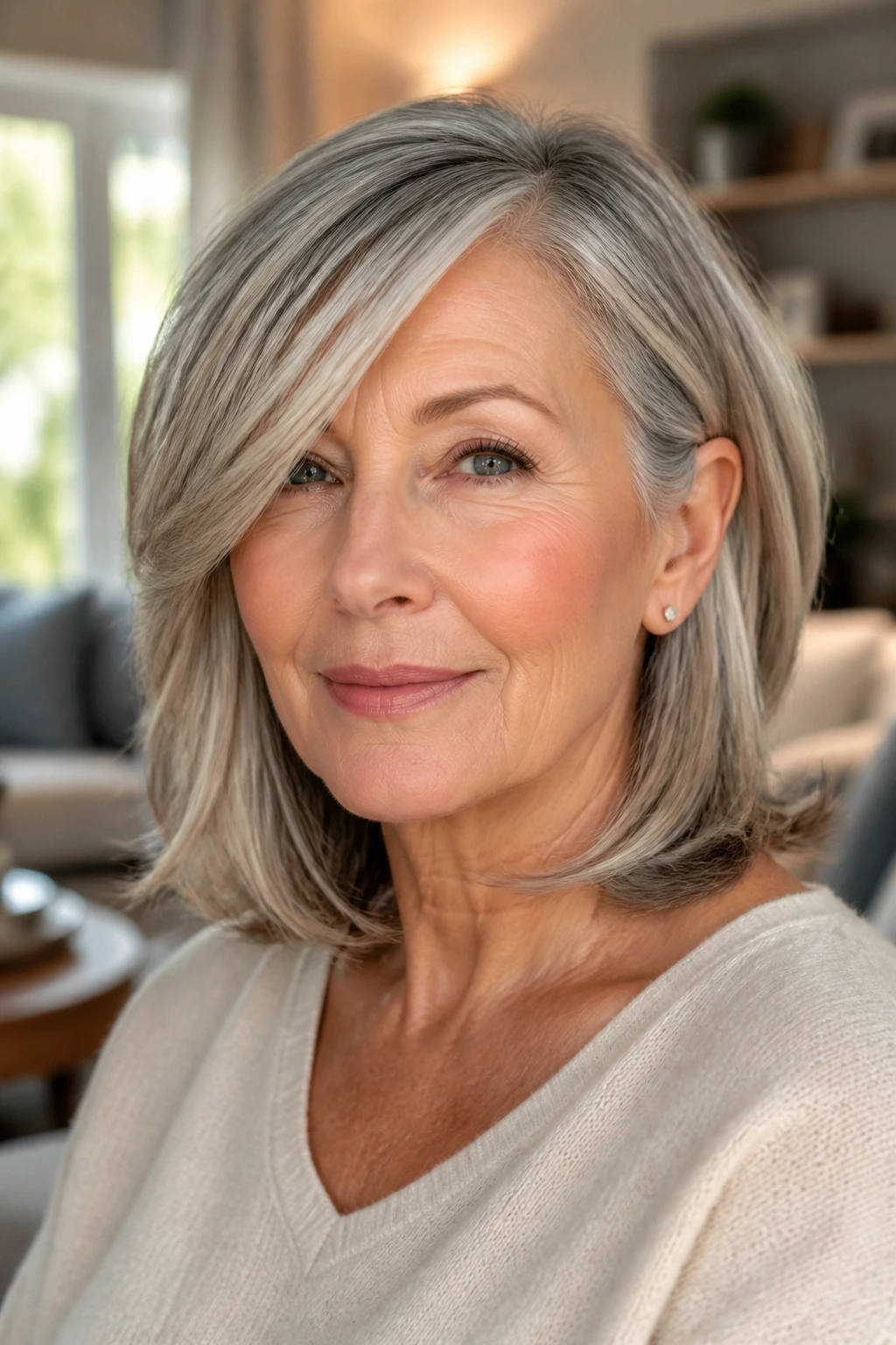 Close-up of an older woman with a side-swept layered lob hairstyle in warm window light.