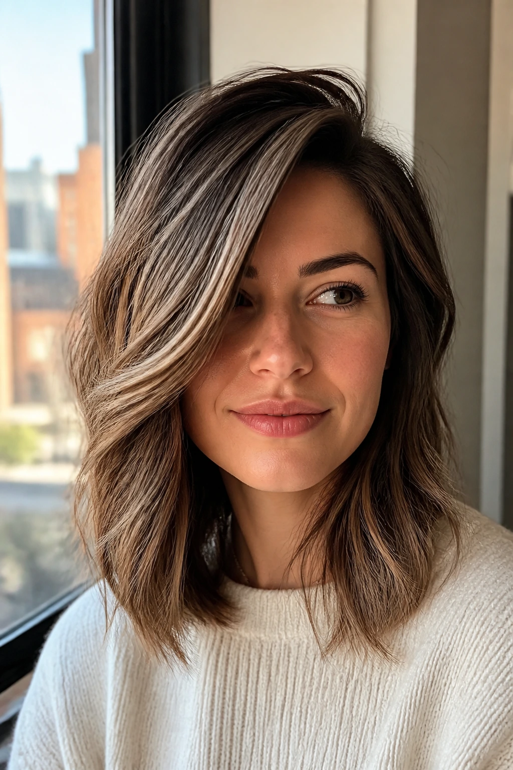 Real woman with side-swept face-framing layers forming a soft lob