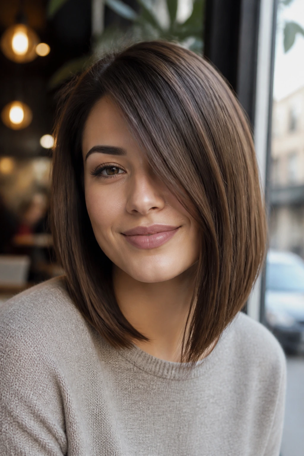 Real person with side-swept lob and low-frizz finish in daylight at a cafe window.