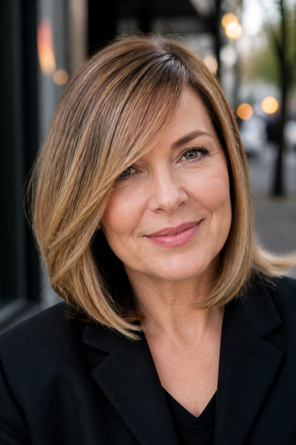 Real woman with side-swept lob portrait outdoors in daylight
