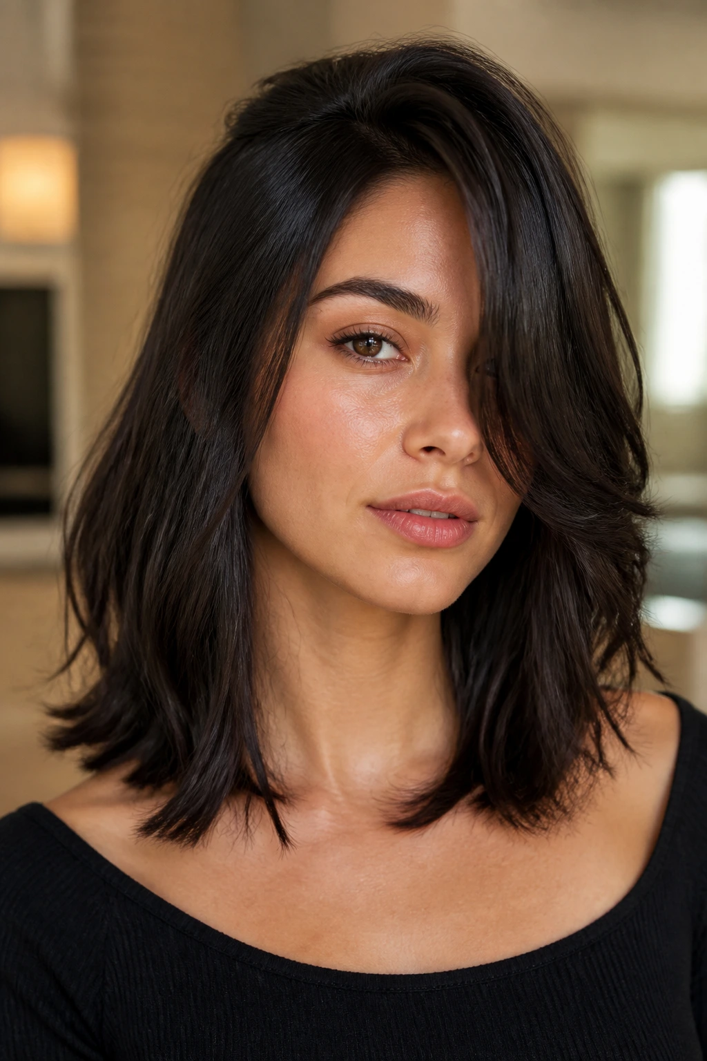Close-up of a woman with a side-swept layered lob framing the cheekbone