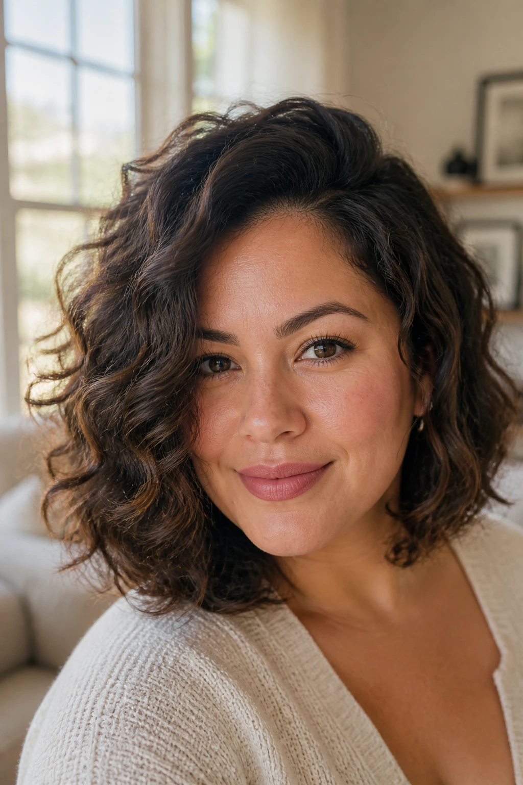 Close-up of side-swept lob with airy crown lift on a real woman